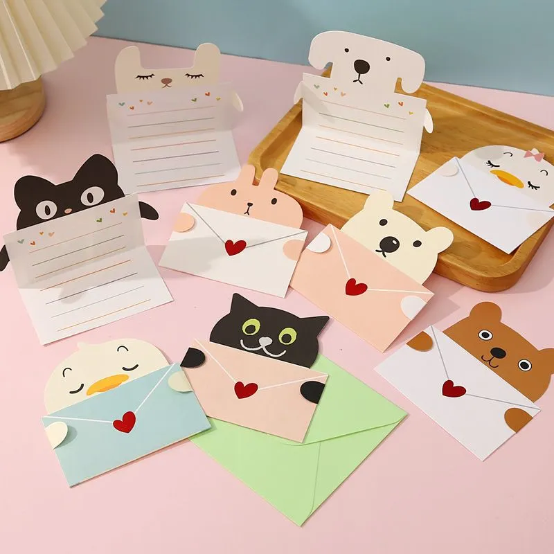 9Pcs Cartoon Animal Gift Card with Envelope Folded Greeting Card Holiday Wishes Postcards for Birthday Baby Shower Party Decor