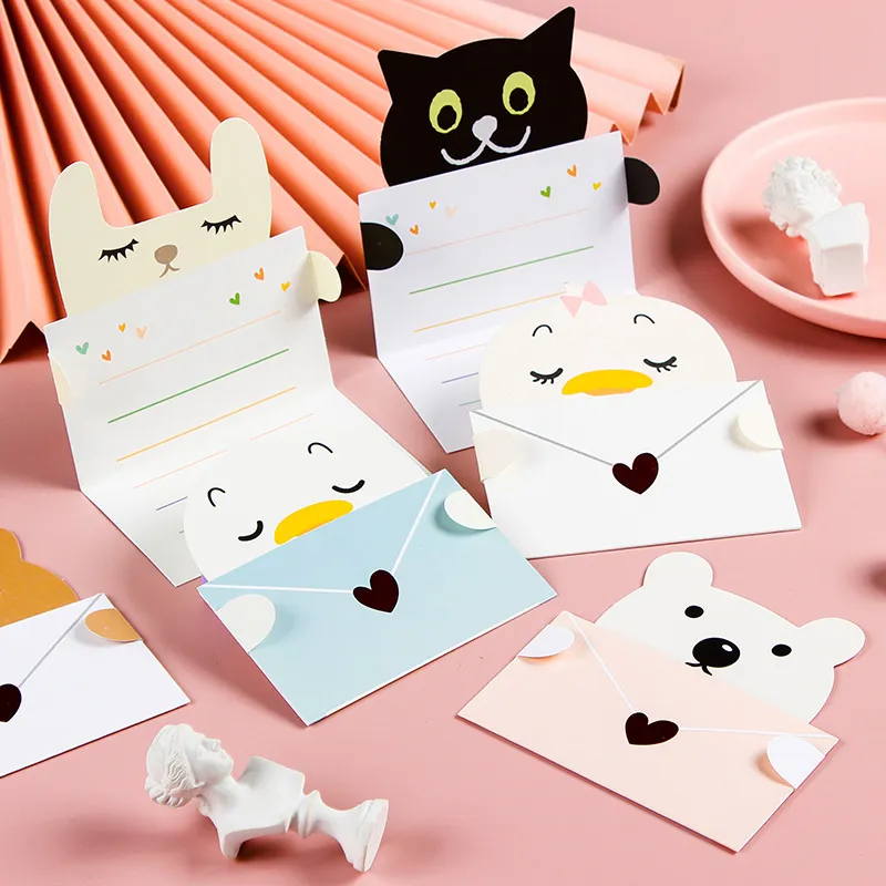 9Pcs Cartoon Animal Gift Card with Envelope Folded Greeting Card Holiday Wishes Postcards for Birthday Baby Shower Party Decor