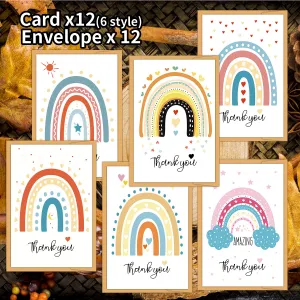 12pcs Cute Rainbow Heart Thank You Cards Set with Envelopes, Birthday Greeting Cards with Messages for Invitations & Gifts