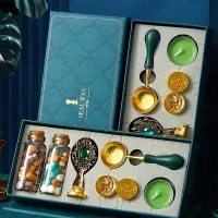 9PCS -European retro wax sealed stamps, wax+spoon+candle+stamp head+handle+colored pen, lacquered brass stamp set