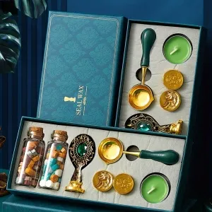 9PCS -European retro wax sealed stamps, wax+spoon+candle+stamp head+handle+colored pen, lacquered brass stamp set
