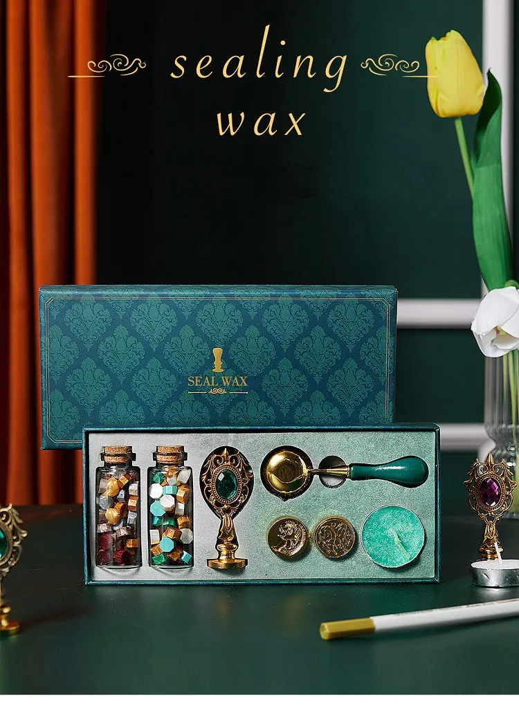Wax Seal Stamp Set Vintage Kit Luxury Wedding Invitation Postcard Sealing Wax Beads Seal Stamp Melting Gift Packing Box HCS001