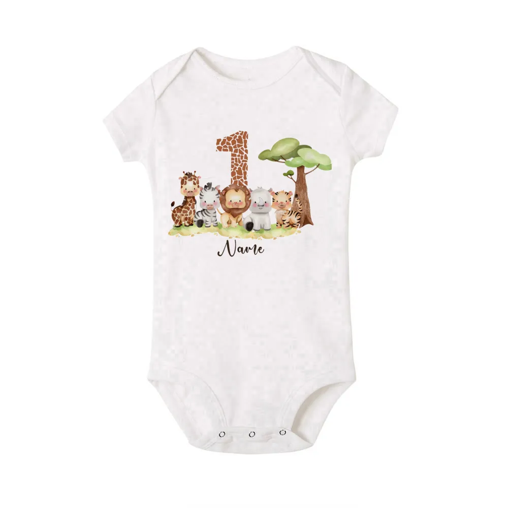 Personalized Baby Romper Safari Animal with Name Bodysuit Newborn Wild One Jumpsuit Outfit Baby Girls Clothes Infant Shower Gift