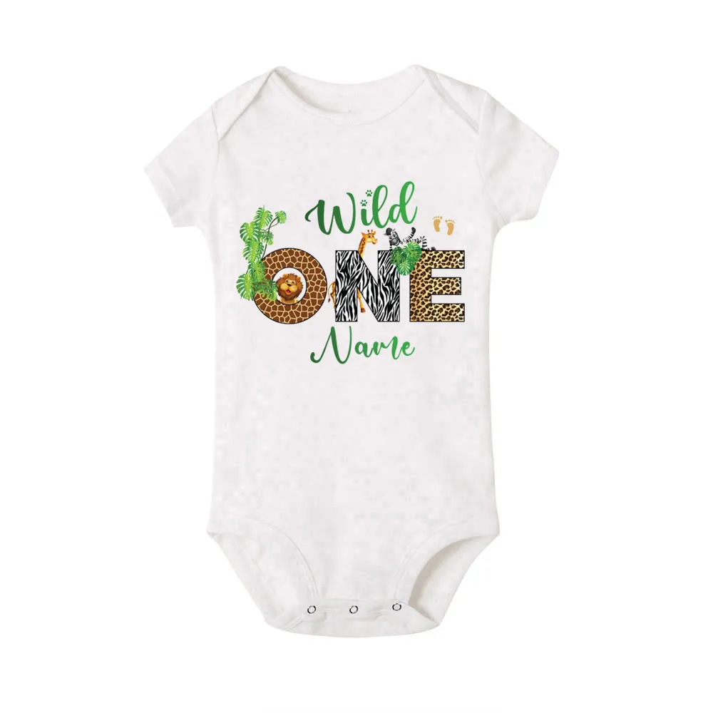 Personalized Baby Romper Safari Animal with Name Bodysuit Newborn Wild One Jumpsuit Outfit Baby Girls Clothes Infant Shower Gift