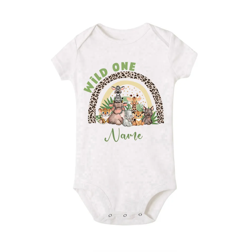 Personalized Baby Romper Safari Animal with Name Bodysuit Newborn Wild One Jumpsuit Outfit Baby Girls Clothes Infant Shower Gift