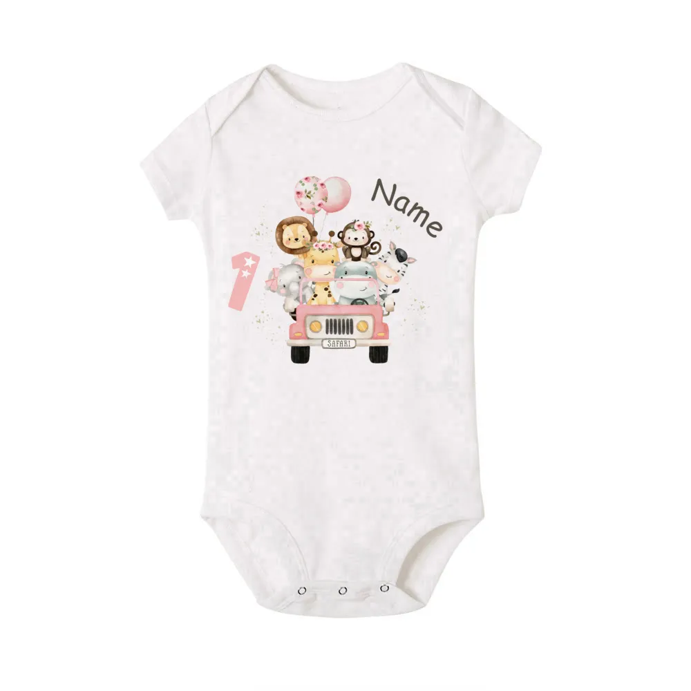 Personalized Baby Romper Safari Animal with Name Bodysuit Newborn Wild One Jumpsuit Outfit Baby Girls Clothes Infant Shower Gift
