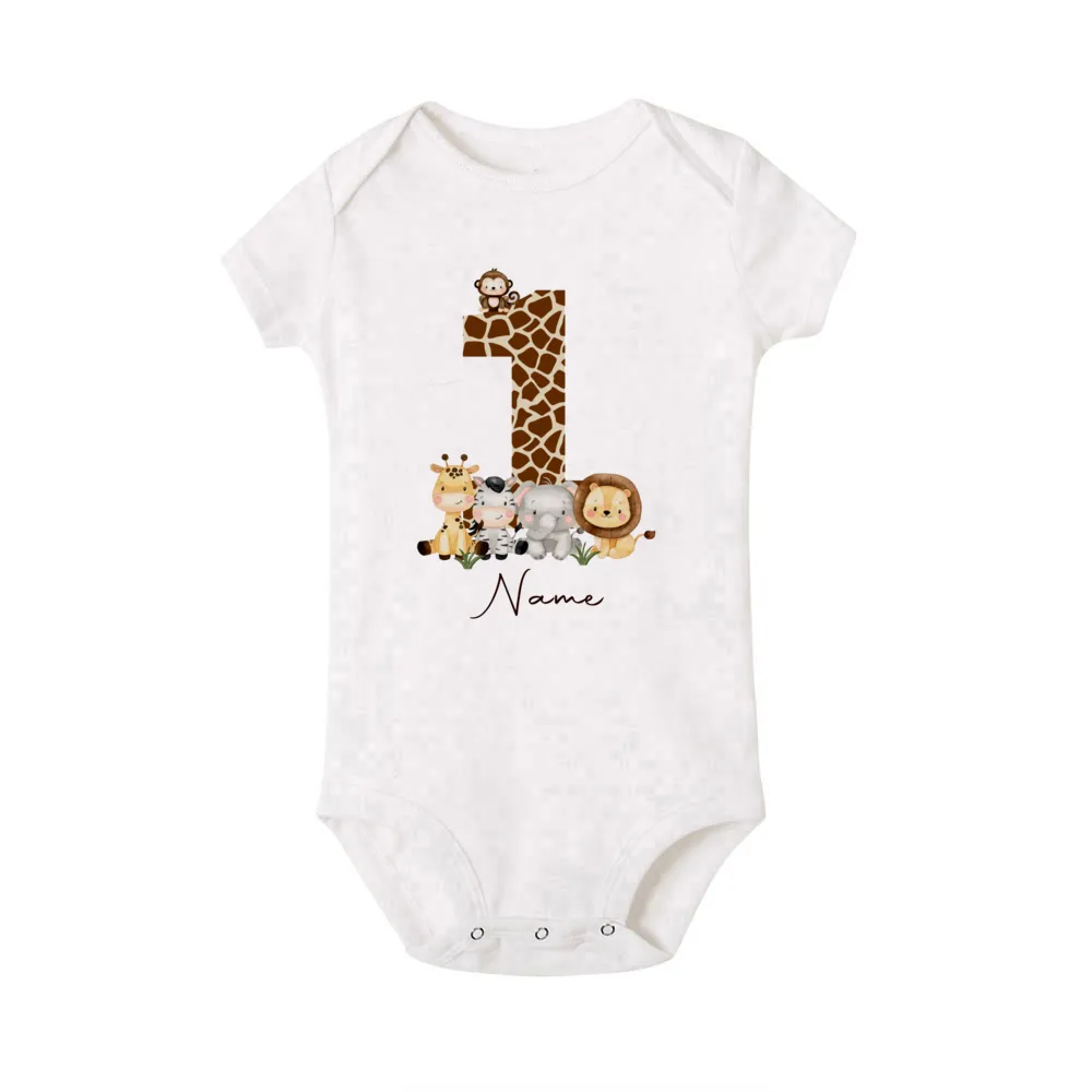 Personalized Baby Romper Safari Animal with Name Bodysuit Newborn Wild One Jumpsuit Outfit Baby Girls Clothes Infant Shower Gift