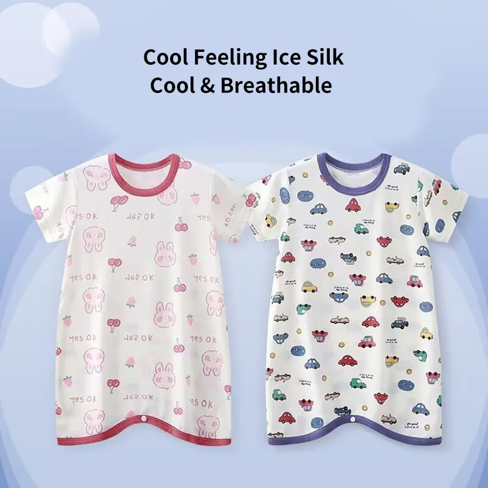 Infant Summer Romper Thin Ice Silk Cartoon Printed Soft Gentle Skin Unisex Kids Anti Kick Sleepwear for Air Conditioned Comfort