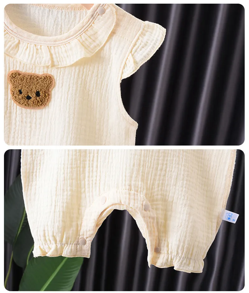Muslin Summer Baby Romper Hat Set 2Pcs Bear Cotton Newborn Jumpsuit for Boys Girls Clothes Toddler Onesie Infant Outfit Suit
