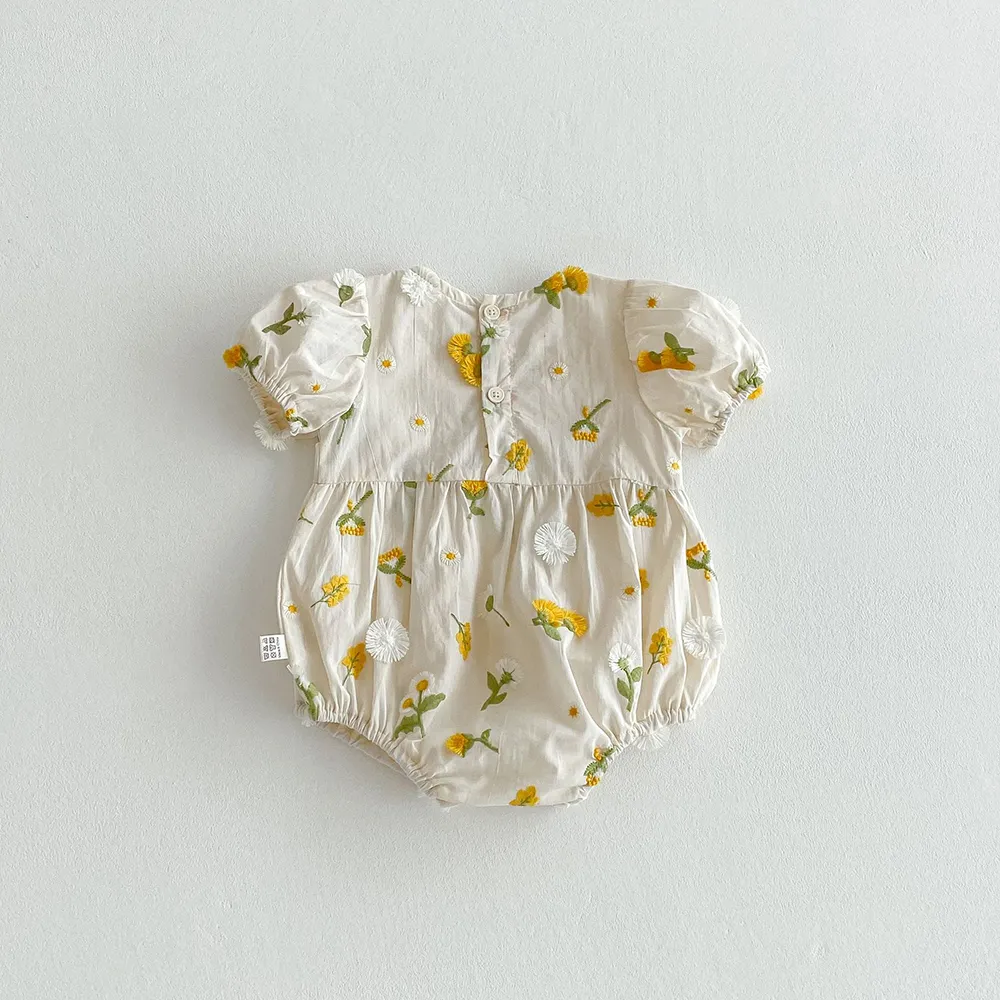 Pastoral Girls Baby Embroidered Floral Romper Short Sleeved Sunflower Infant Jumpsuit Toddler Newborn One Piece Baby Clothing