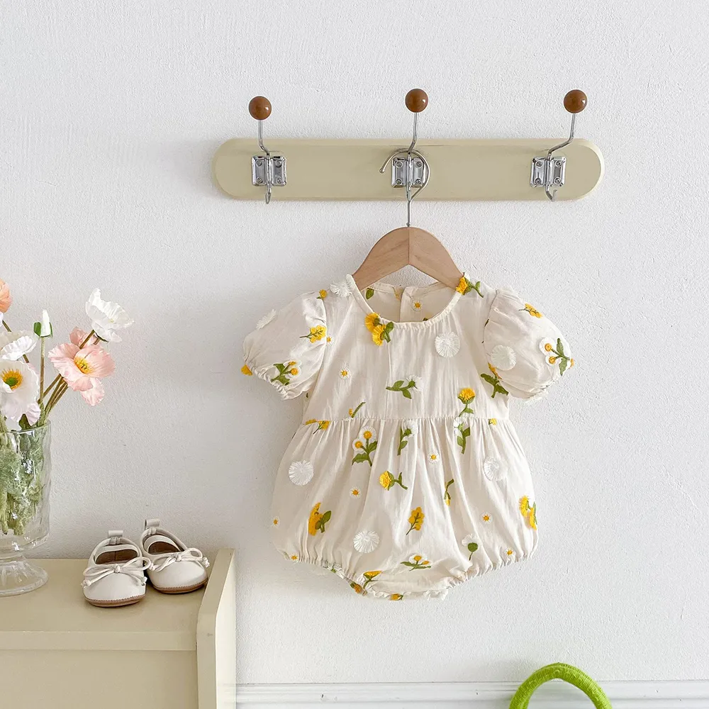 Pastoral Girls Baby Embroidered Floral Romper Short Sleeved Sunflower Infant Jumpsuit Toddler Newborn One Piece Baby Clothing