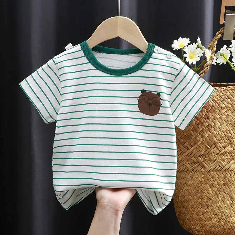 2025 Baby Tops T-shirt Bear Infant Boys and Girls Tee Children's Fashion Animal for babies Striped Newborn Baby summer clothes