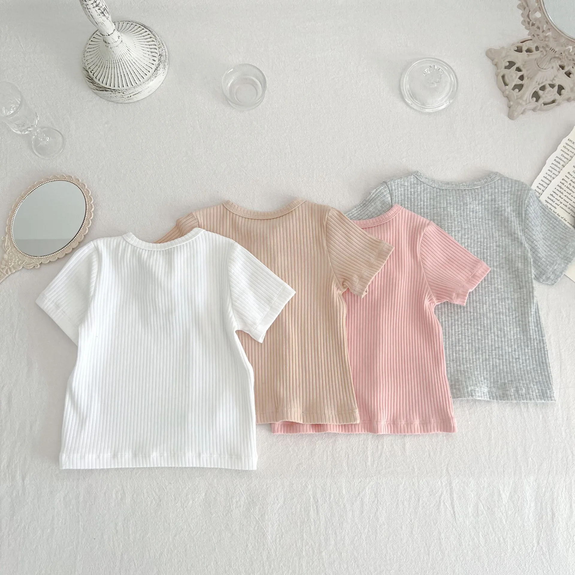 Summer Newborn Infant Baby Boy Girls Fallow Solid Color T-Shirt Round Neck Muslin Candy Color Kids Fashion Baby Clothing