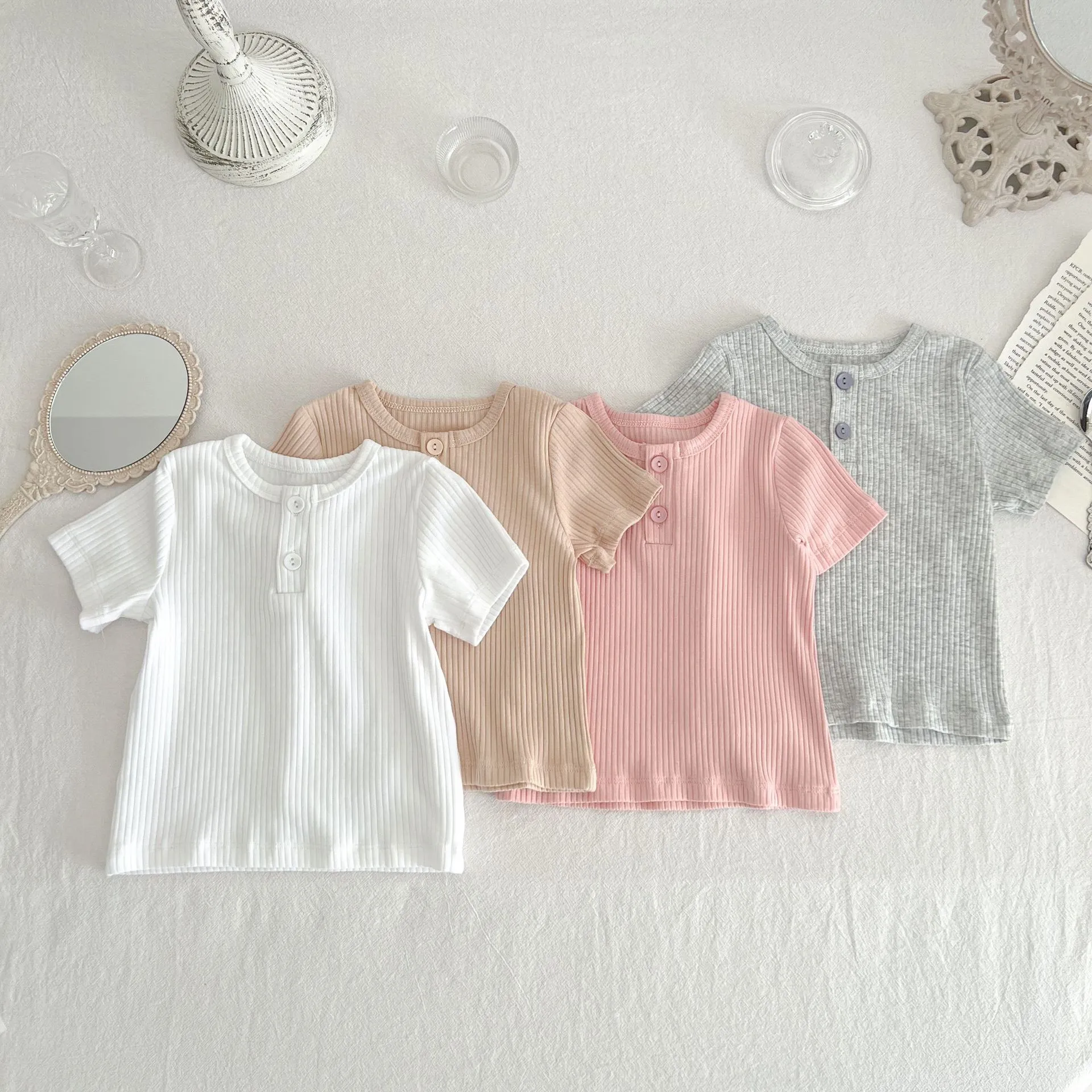 Summer Newborn Infant Baby Boy Girls Fallow Solid Color T-Shirt Round Neck Muslin Candy Color Kids Fashion Baby Clothing