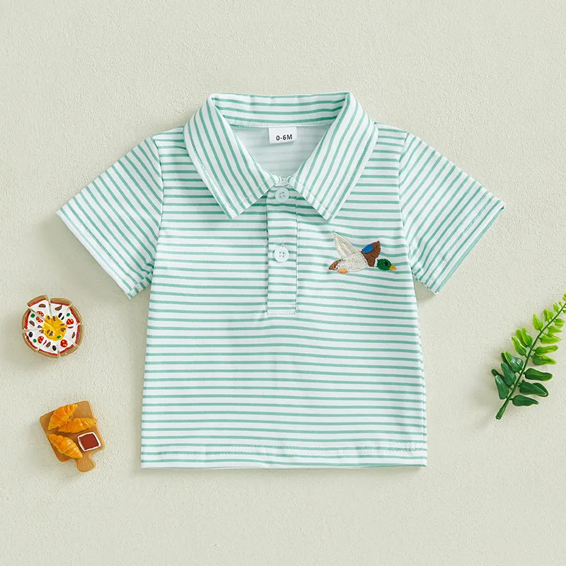 Toddler Baby Boys Girls Embroidery Shirt Striped Print Short Sleeve Lapel Button Down Shirts Summer Clothes