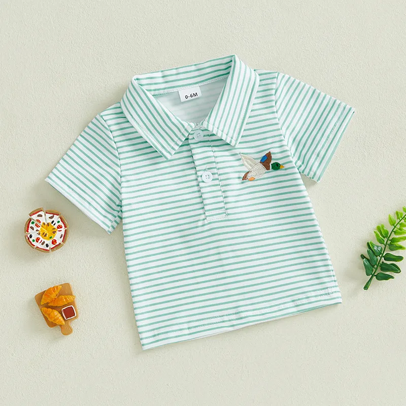 Toddler Baby Boys Girls Embroidery Shirt Striped Print Short Sleeve Lapel Button Down Shirts Summer Clothes