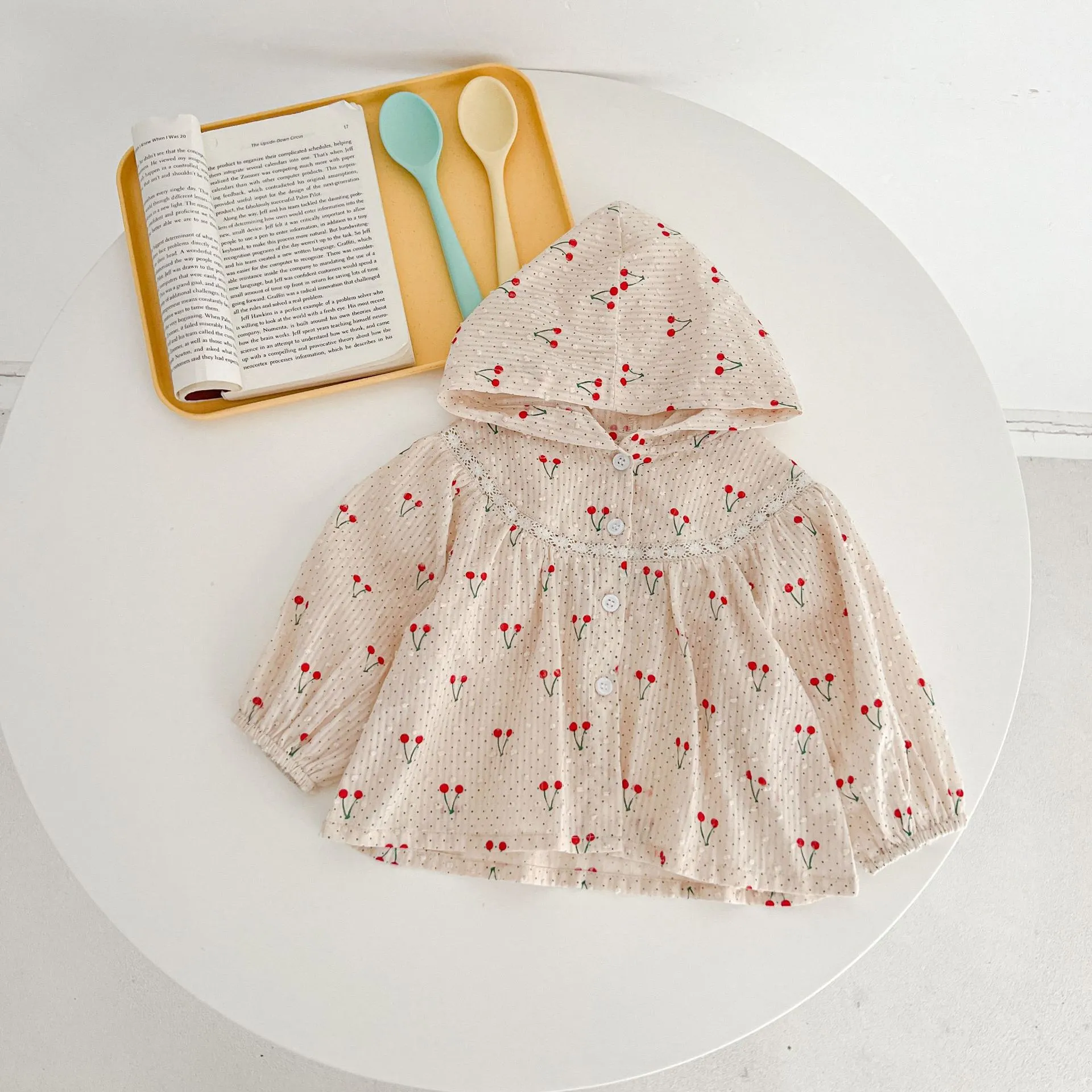 Summer Newborn Infant Baby Girls Thin Sun Protection Clothing Cherry Printing Hooded Coat Ventilate Jacket Kids Baby Clothing