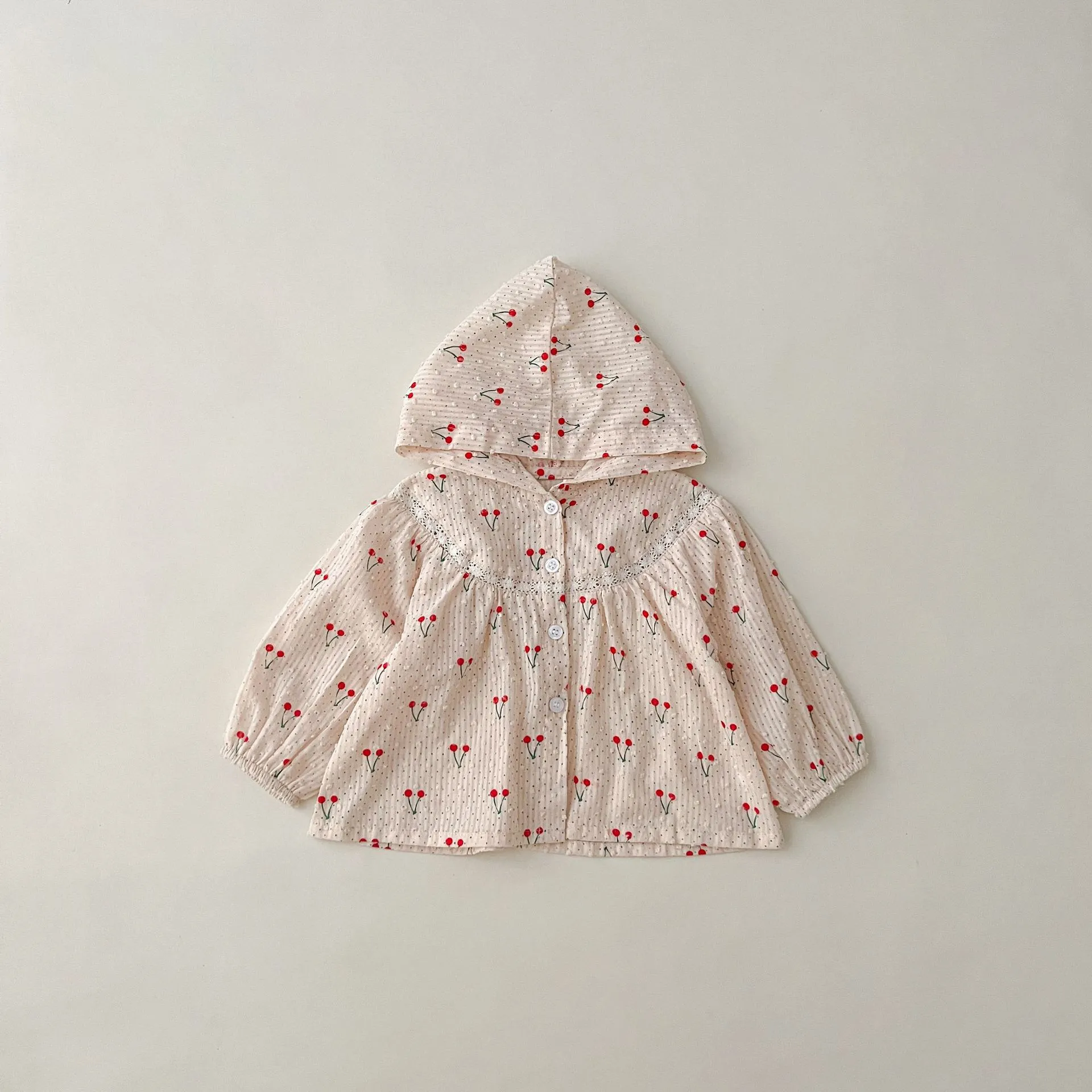 Summer Newborn Infant Baby Girls Thin Sun Protection Clothing Cherry Printing Hooded Coat Ventilate Jacket Kids Baby Clothing