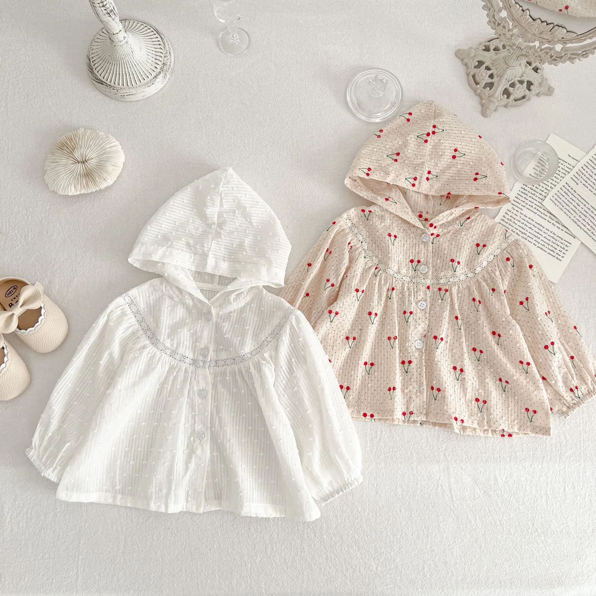 Summer Newborn Infant Baby Girls Thin Sun Protection Clothing Cherry Printing Hooded Coat Ventilate Jacket Kids Baby Clothing