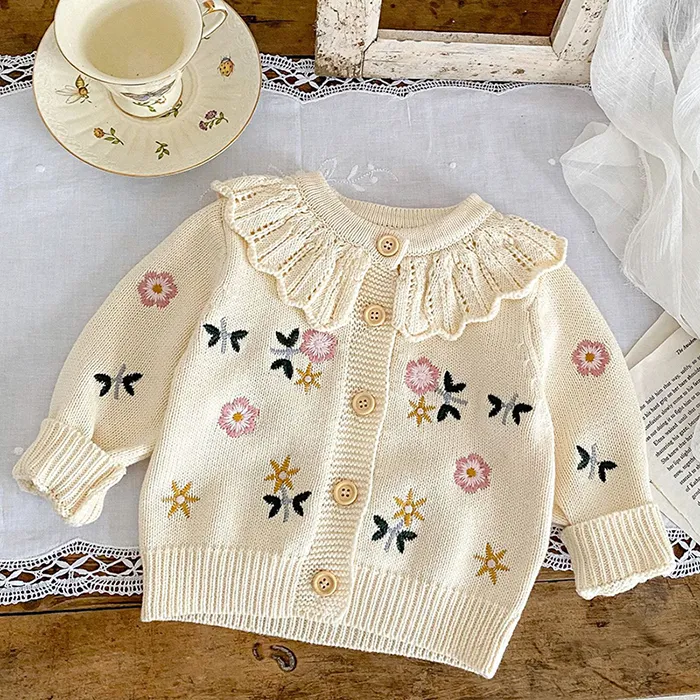 Newborn Baby Girls Knitting Cardigan Flower Embroidery Long Sleeve Cardigan Coat Spring Autumn Toddler Baby Girls Sweater Coat