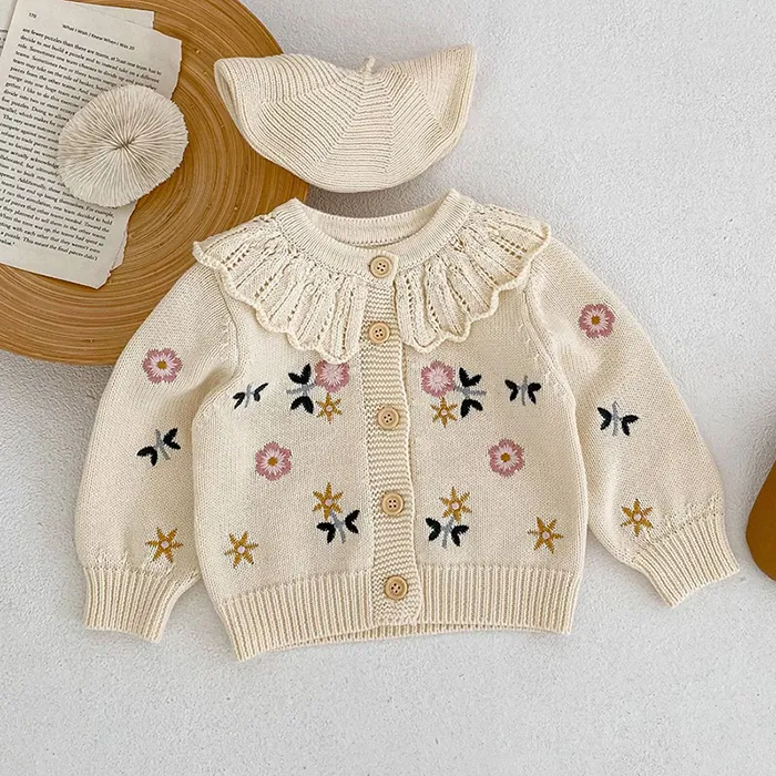 Newborn Baby Girls Knitting Cardigan Flower Embroidery Long Sleeve Cardigan Coat Spring Autumn Toddler Baby Girls Sweater Coat