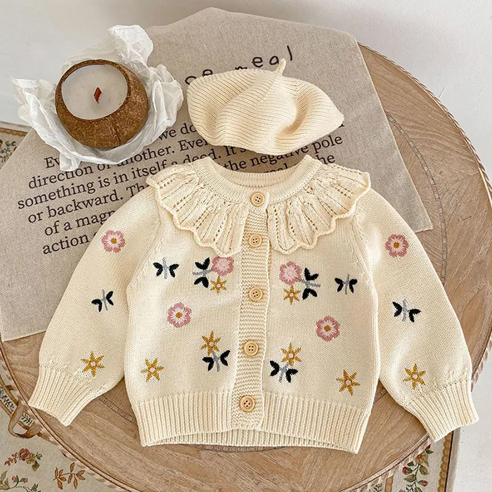 Newborn Baby Girls Knitting Cardigan Flower Embroidery Long Sleeve Cardigan Coat Spring Autumn Toddler Baby Girls Sweater Coat