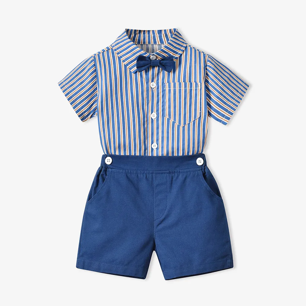 70-140cm Children Boys' Cotton Striped Short-sleeved Shirt and Shorts with Straps Set Baby Boy' Summer Outfits