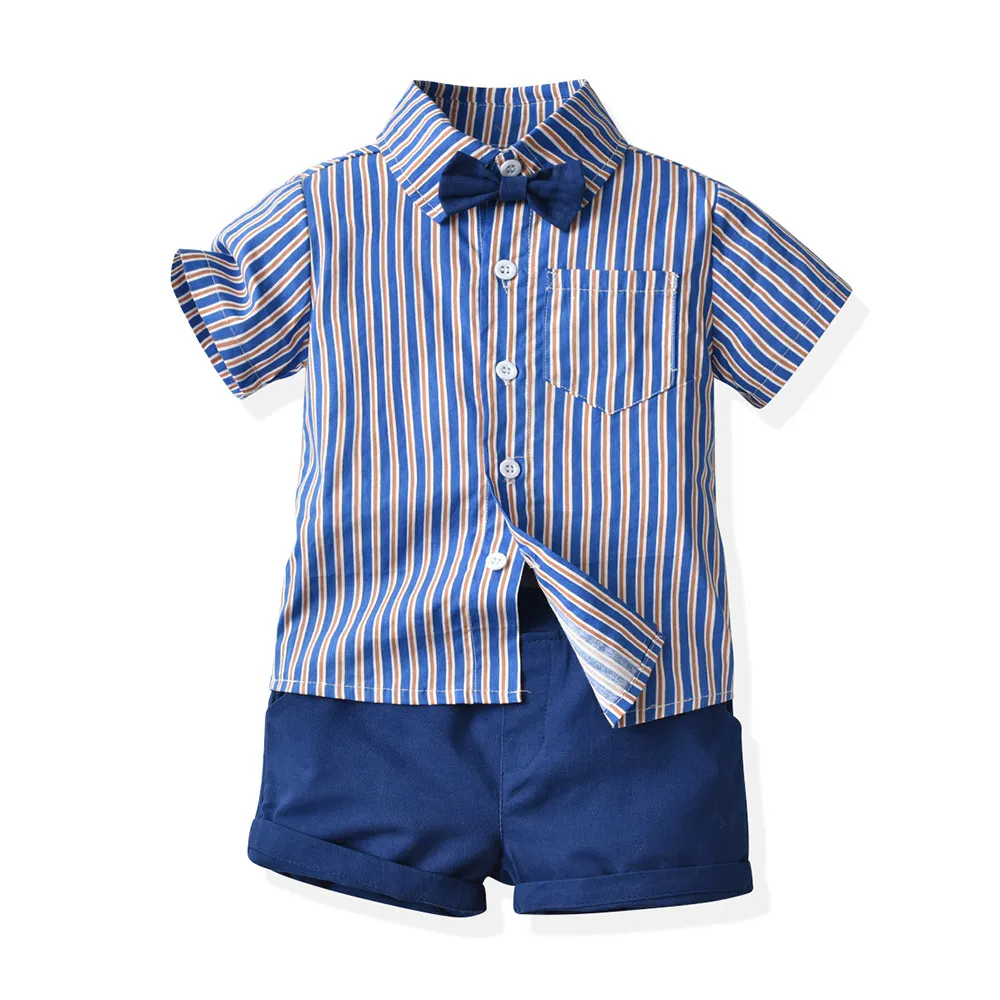 70-140cm Children Boys' Cotton Striped Short-sleeved Shirt and Shorts with Straps Set Baby Boy' Summer Outfits