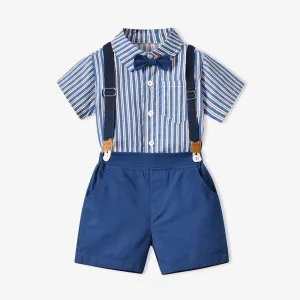 70-140cm Children Boys' Cotton Striped Short-sleeved Shirt and Shorts with Straps Set Baby Boy' Summer Outfits