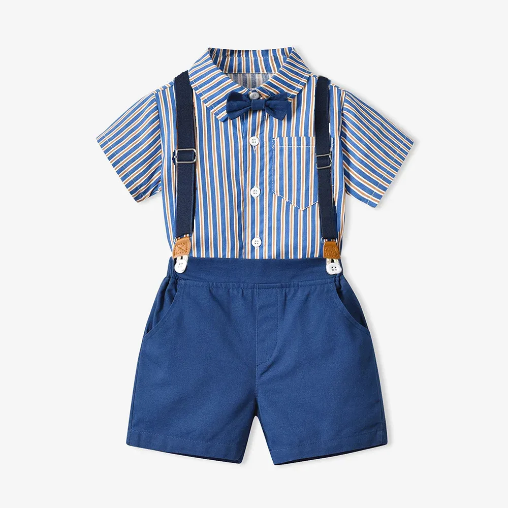 70-140cm Children Boys' Cotton Striped Short-sleeved Shirt and Shorts with Straps Set Baby Boy' Summer Outfits