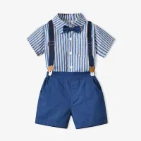 70-140cm Children Boys' Cotton Striped Short-sleeved Shirt and Shorts with Straps Set Baby Boy' Summer Outfits