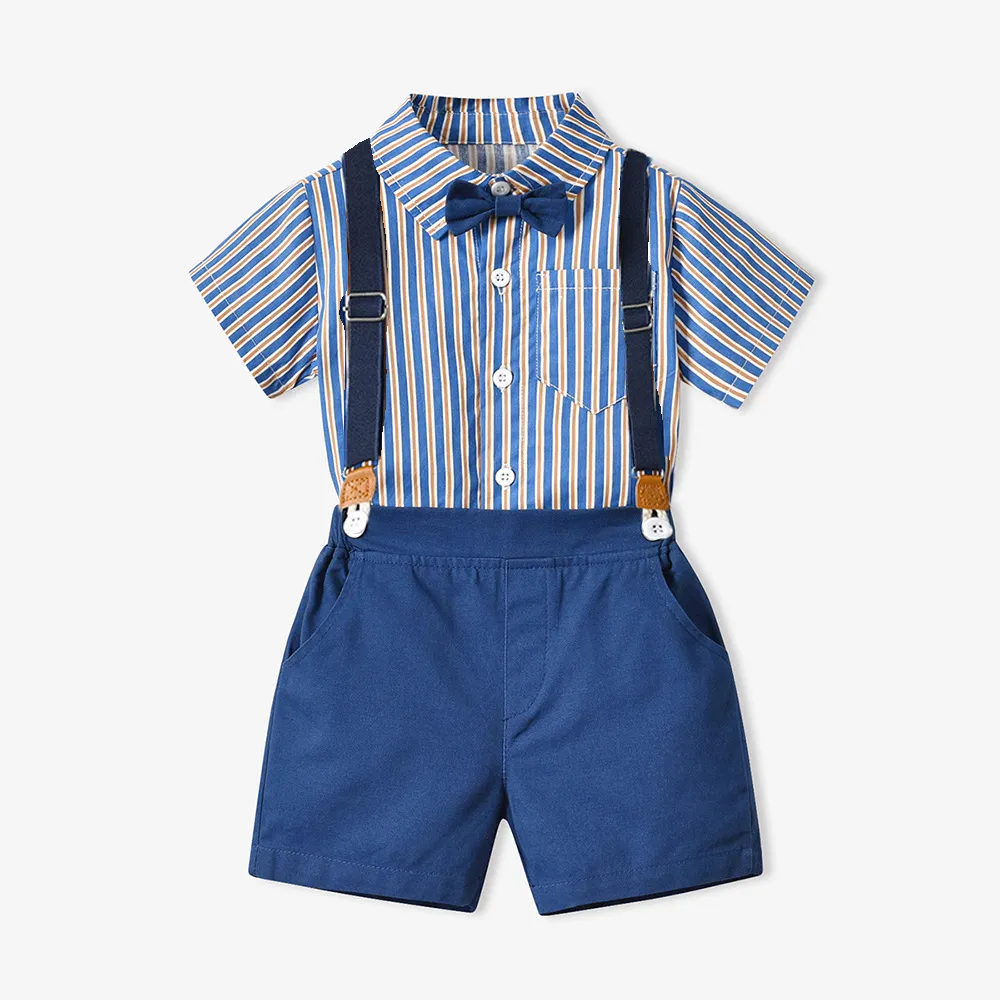 70-140cm Children Boys' Cotton Striped Short-sleeved Shirt and Shorts with Straps Set Baby Boy' Summer Outfits