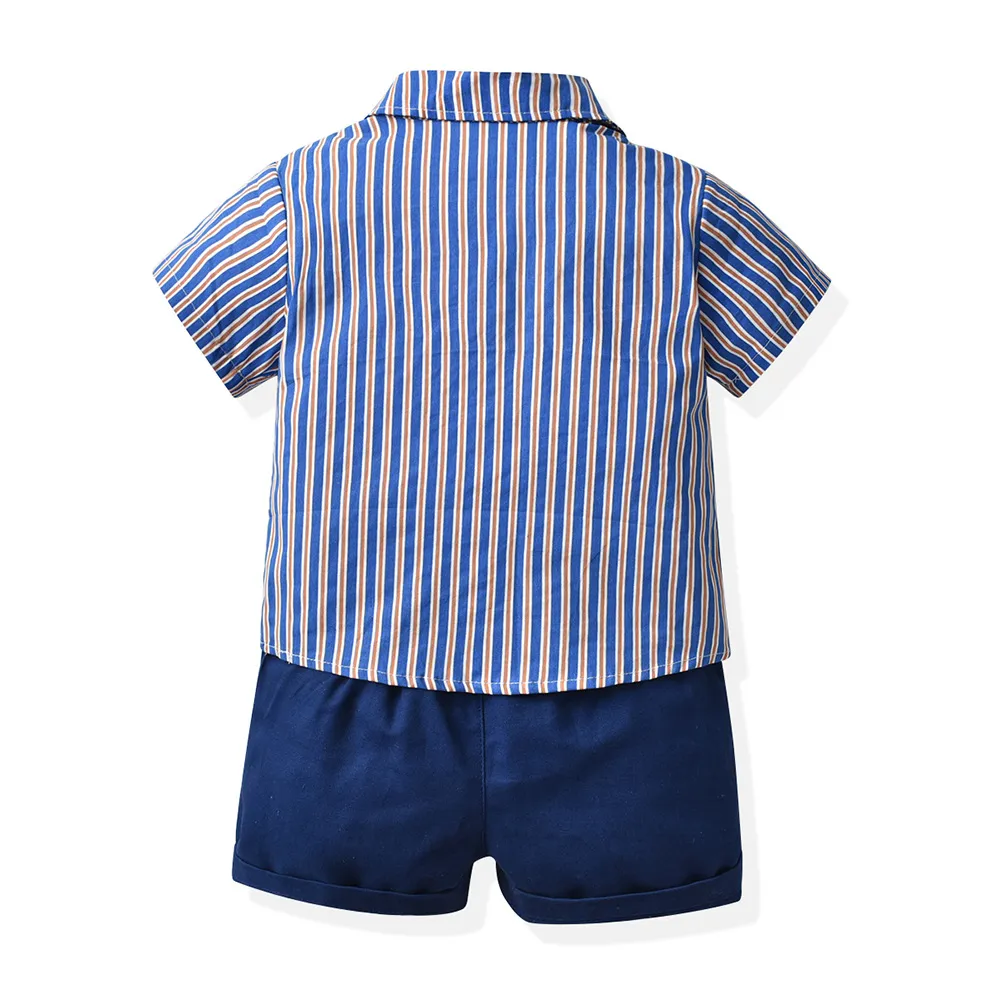 70-140cm Children Boys' Cotton Striped Short-sleeved Shirt and Shorts with Straps Set Baby Boy' Summer Outfits