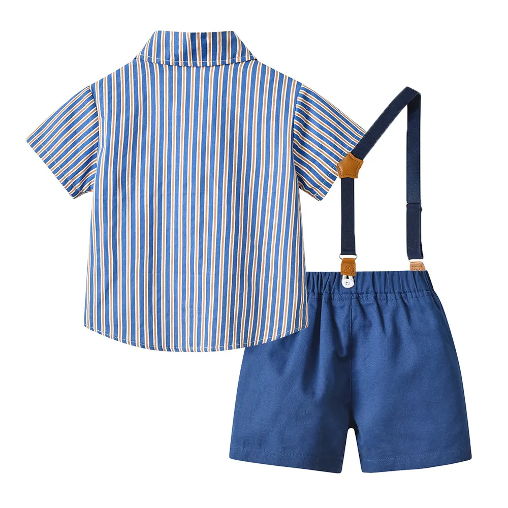 70-140cm Children Boys' Cotton Striped Short-sleeved Shirt and Shorts with Straps Set Baby Boy' Summer Outfits