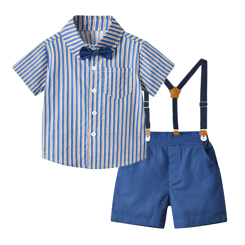 70-140cm Children Boys' Cotton Striped Short-sleeved Shirt and Shorts with Straps Set Baby Boy' Summer Outfits