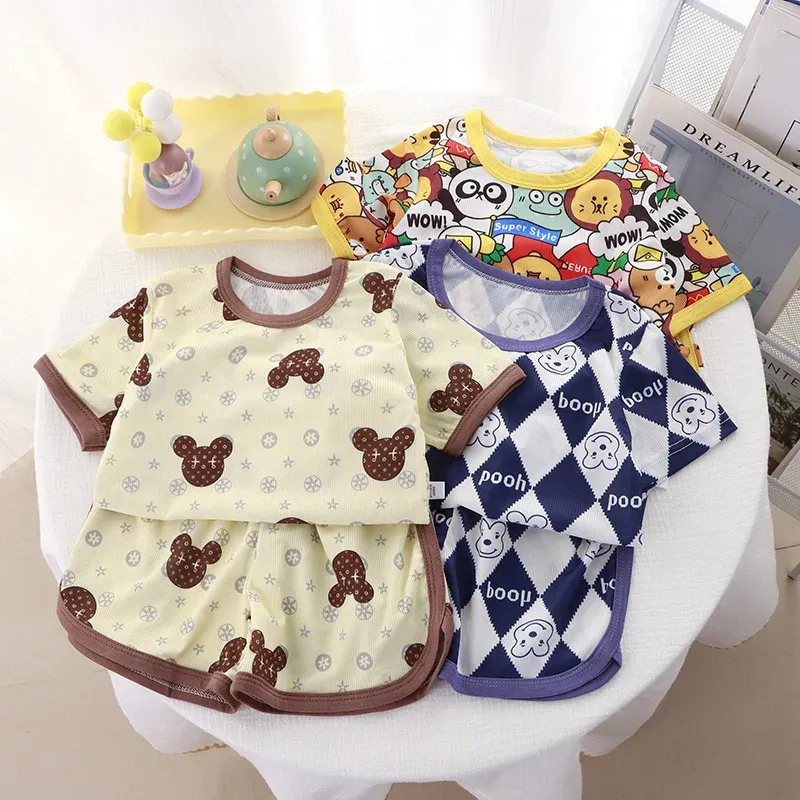 Children Clothing Set Boys and Girls' Clothes Summer Ice Silk Short Sleeved Baby 2Pcs Sets Toddler Loungewear Soft Pajamas 1-7Y