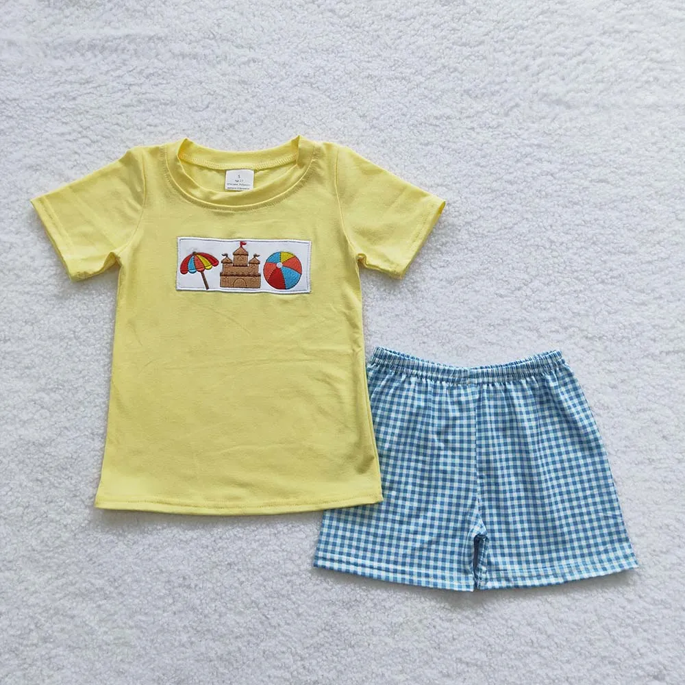 Toddler Kid Summer Embroidery Set Short Sleeves Sand Castle Shirt Children Shorts Matching Baby Boy Girl Beach Cotton Outfit