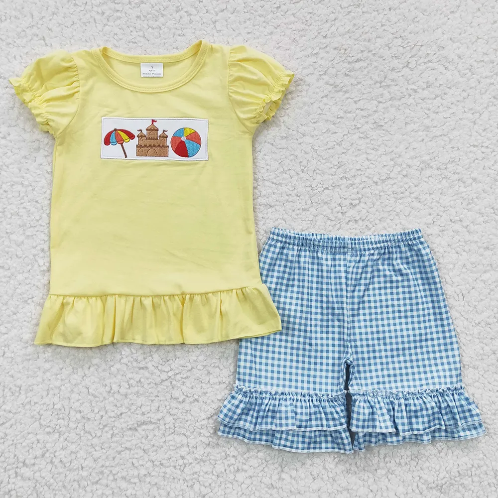 Toddler Kid Summer Embroidery Set Short Sleeves Sand Castle Shirt Children Shorts Matching Baby Boy Girl Beach Cotton Outfit