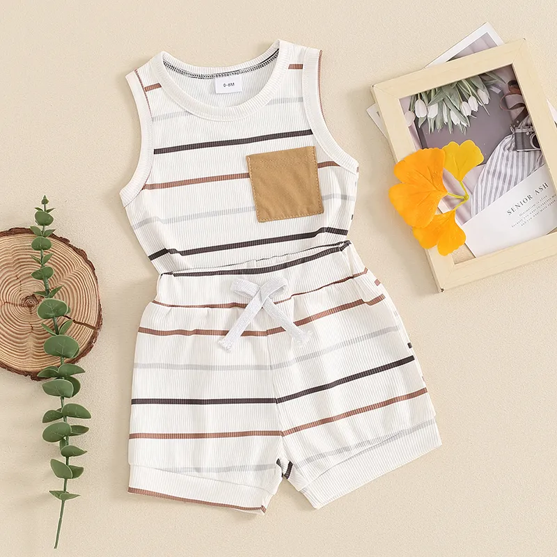 Pudcoco Baby Boy Ribbed Outfits Striped Sleeveless Round Neck Tank Tops Elastic Waist Shorts 2Pcs Summer Set Infant Toddler 0-3T
