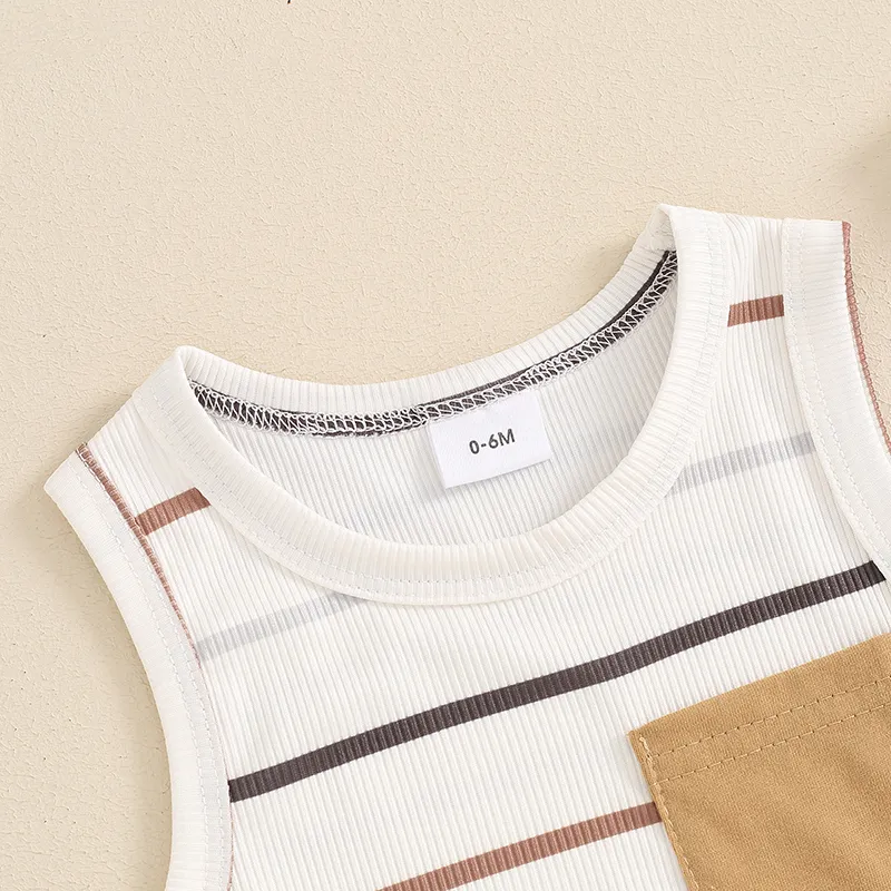 Pudcoco Baby Boy Ribbed Outfits Striped Sleeveless Round Neck Tank Tops Elastic Waist Shorts 2Pcs Summer Set Infant Toddler 0-3T