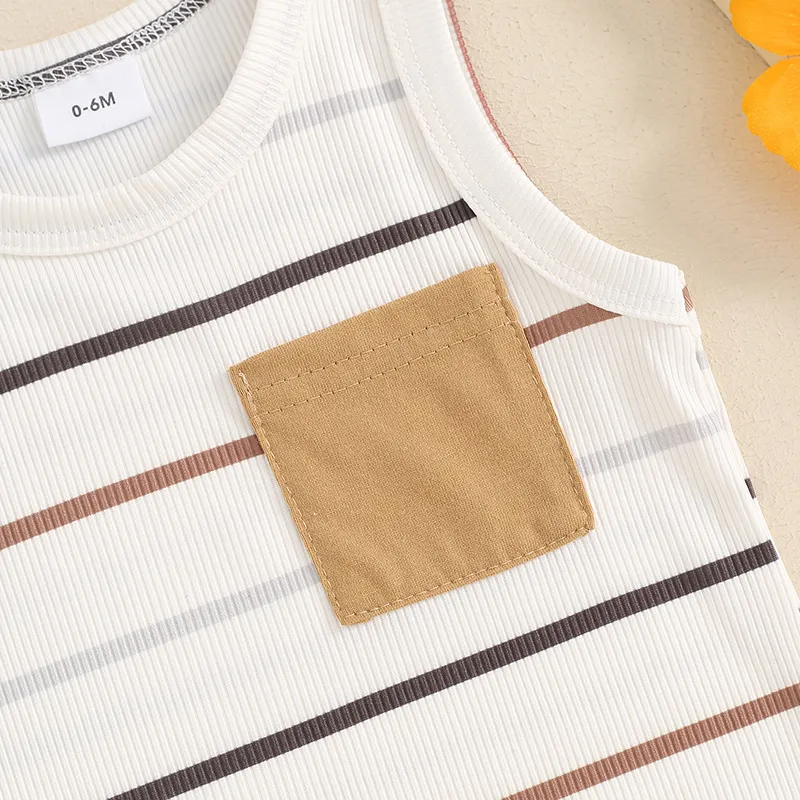 Pudcoco Baby Boy Ribbed Outfits Striped Sleeveless Round Neck Tank Tops Elastic Waist Shorts 2Pcs Summer Set Infant Toddler 0-3T