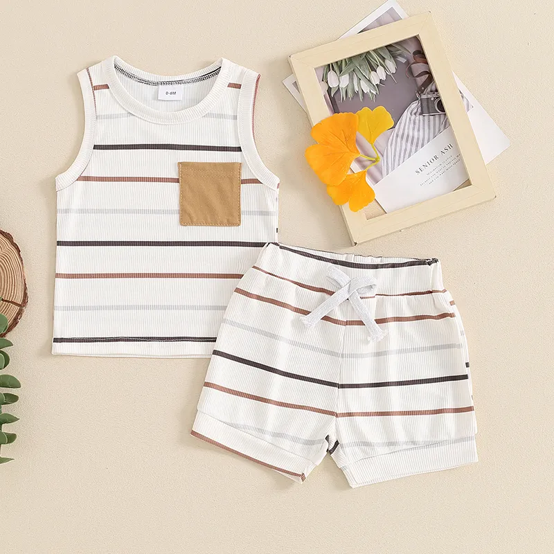Pudcoco Baby Boy Ribbed Outfits Striped Sleeveless Round Neck Tank Tops Elastic Waist Shorts 2Pcs Summer Set Infant Toddler 0-3T