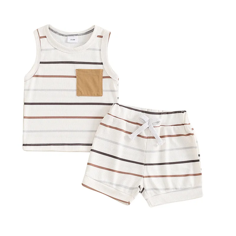 Pudcoco Baby Boy Ribbed Outfits Striped Sleeveless Round Neck Tank Tops Elastic Waist Shorts 2Pcs Summer Set Infant Toddler 0-3T