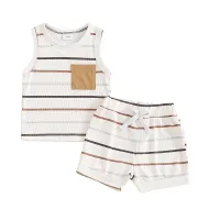 Pudcoco Baby Boy Ribbed Outfits Striped Sleeveless Round Neck Tank Tops Elastic Waist Shorts 2Pcs Summer Set Infant Toddler 0-3T