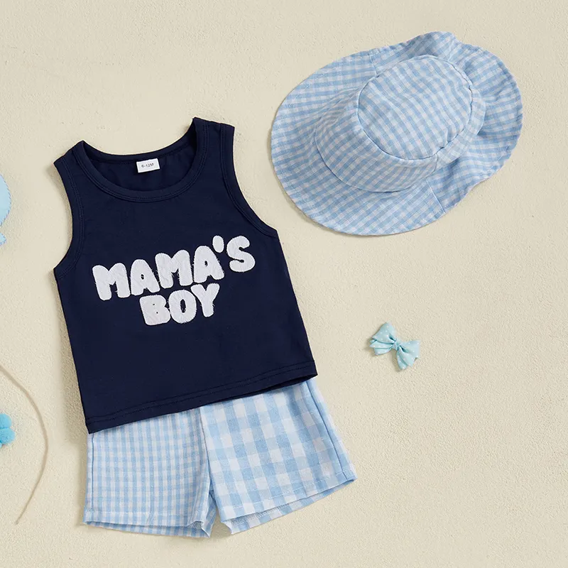 Boys Summer Outfits Sleeveless Tank Tops and Shorts Set with Letter Pattern Elastic Waist and Matching Hat - 3 Piece