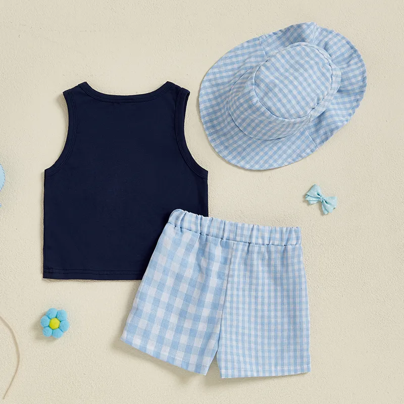 Boys Summer Outfits Sleeveless Tank Tops and Shorts Set with Letter Pattern Elastic Waist and Matching Hat - 3 Piece