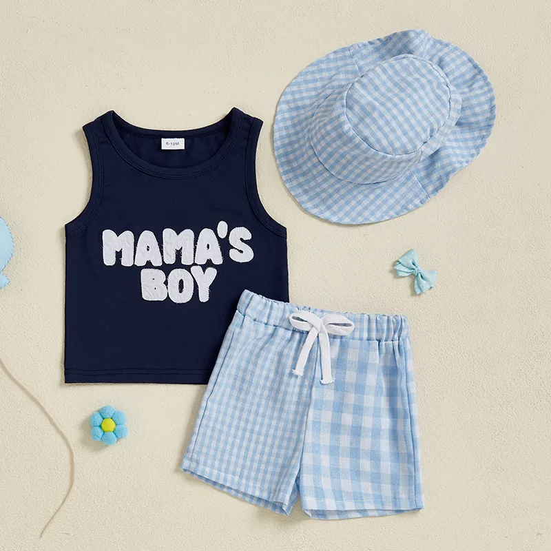 Boys Summer Outfits Sleeveless Tank Tops and Shorts Set with Letter Pattern Elastic Waist and Matching Hat - 3 Piece
