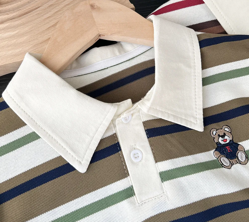 2025 Summer Children Boys Tees Casual Short Sleeve Stripe Cotton Thin Kids Boys T-shirts Embroidery Bear 3-8 Years Boys Tops