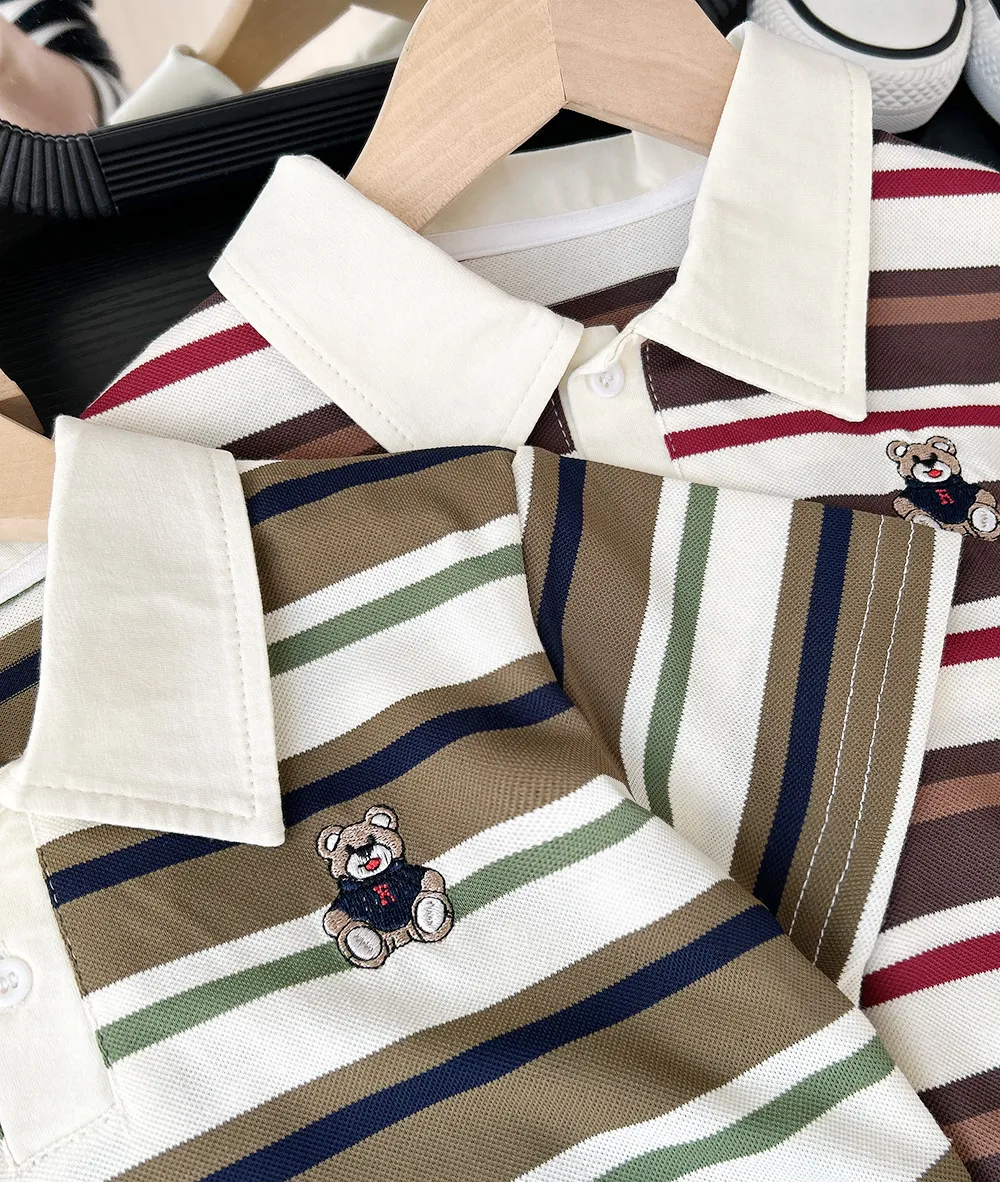 2025 Summer Children Boys Tees Casual Short Sleeve Stripe Cotton Thin Kids Boys T-shirts Embroidery Bear 3-8 Years Boys Tops
