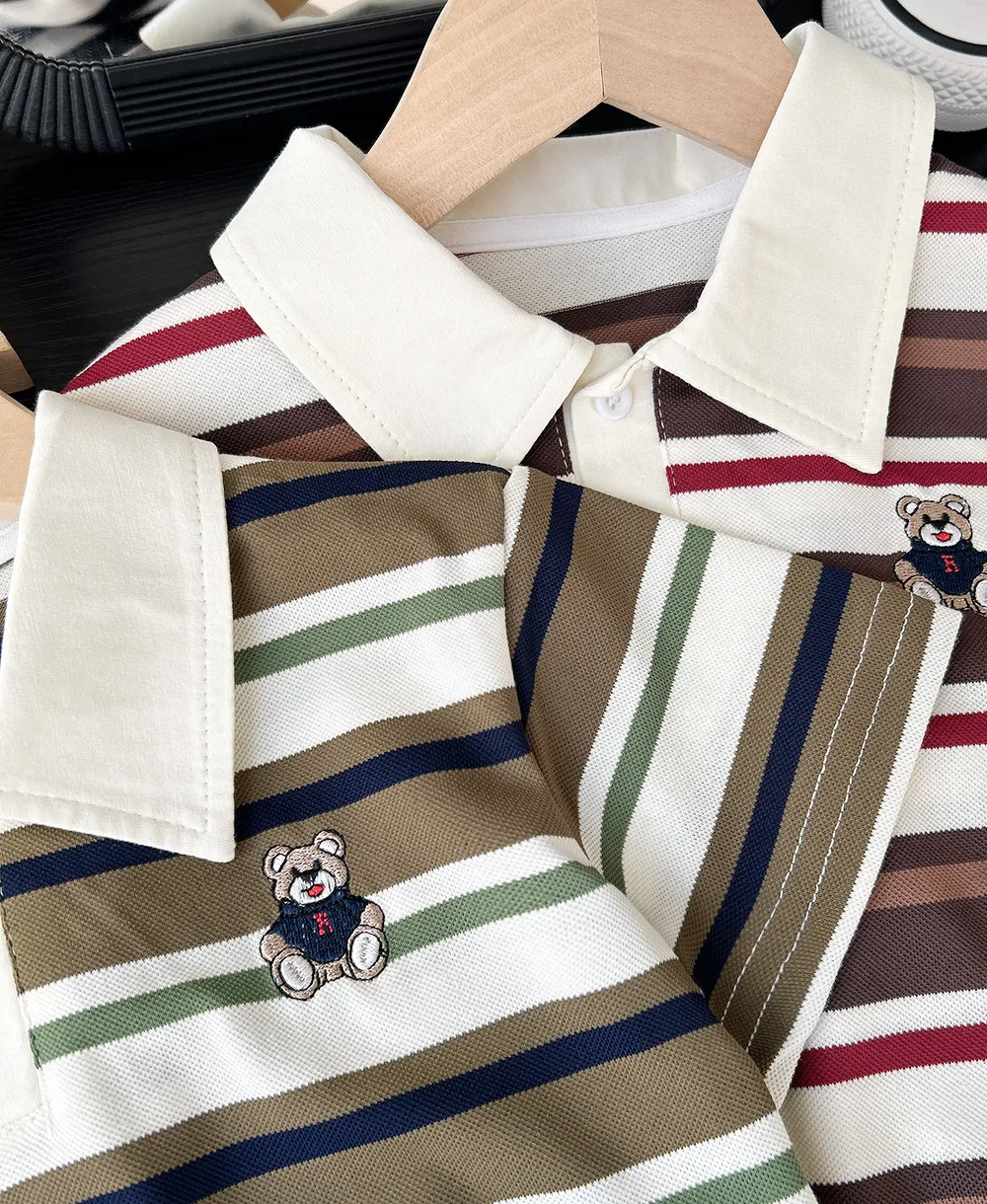 2025 Summer Children Boys Tees Casual Short Sleeve Stripe Cotton Thin Kids Boys T-shirts Embroidery Bear 3-8 Years Boys Tops